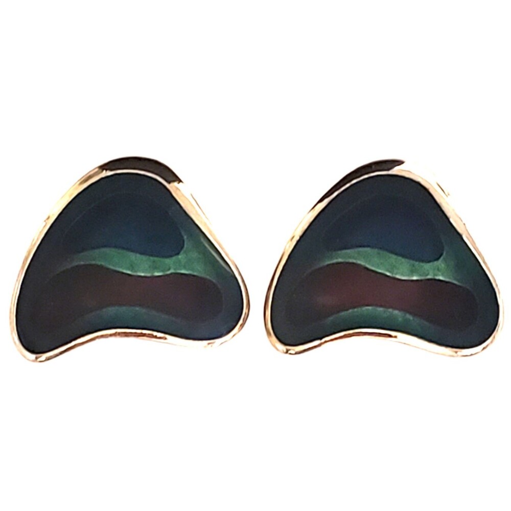 Triangular Earrings with Red Blue and Green Waves Gold Tone Stud Backs Vintage